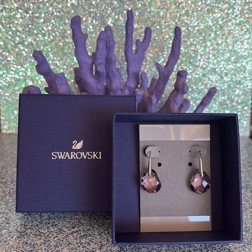 Authentic Swarovski Galet Cut Soft Purple Rhodium Plated Fish Hook Drop Earrings